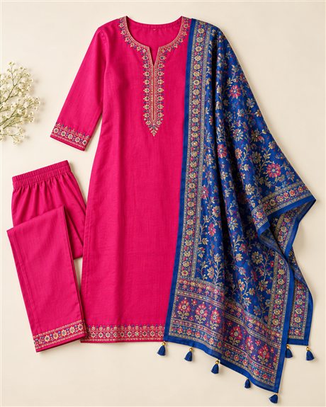 Fuchsia kurta set with blue printed dupatta