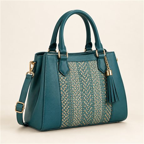Teal women's handbag with gold-tone hardware